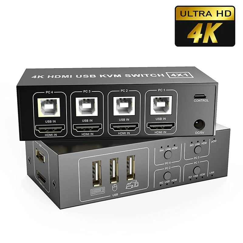 

4K 60 Гц HDMI KVM Switch 4 в 1 HDMI USB KVM Switch 4x1 для 4 ПК Share One Monitor поддержка USB клавиатуры мыши принтера сканера
