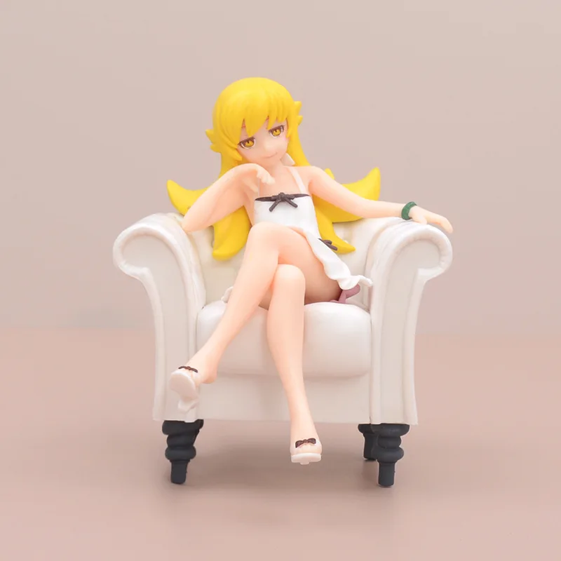 

Экшн-фигурка аниме Monogatari Oshino Shinobu, желтые волосы, белое платье, диван, 12 см, модель сцены, ПВХ, подарок, кукла, коллекция