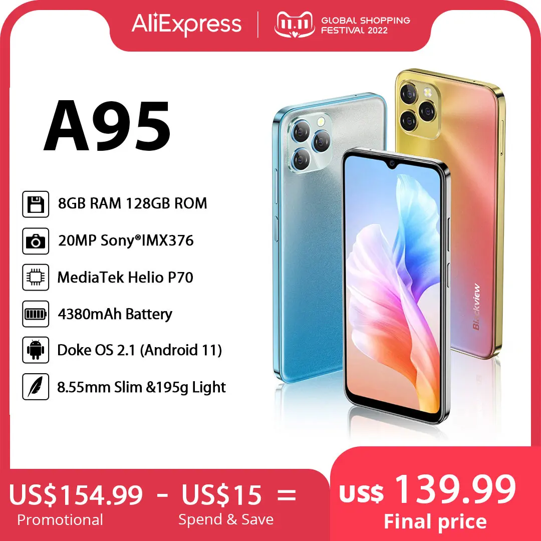 Cena Blackview A95 Smartphone Helio P70 Octa Core Android 11 Telefon Komórkowy 8GB + 128GB 6.528