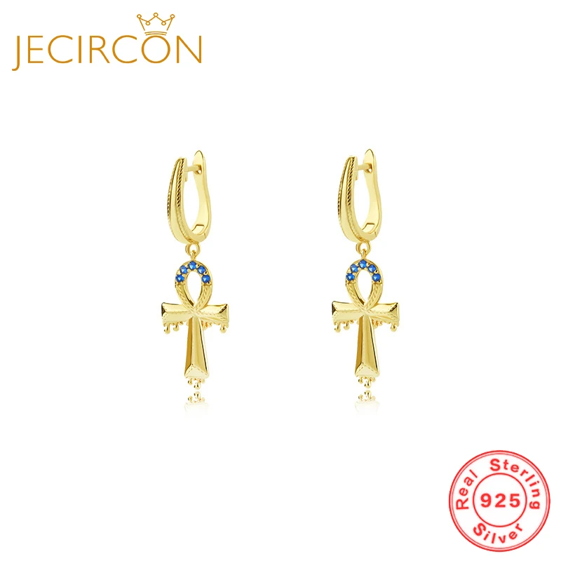

JECIRCON 925 Sterling Silver Egyptian Ankh Cross Drop Earrings for Women Original Design Mini Blue Zircon Earrings Trend Jewelry