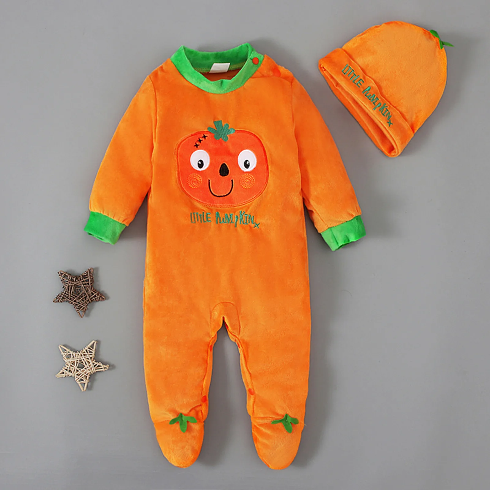 

Newborn Baby Halloween Rompers+Hat Outfits Toddler Girls Boys Lovely Plush Long Sleeve Footed Infant Pumpkin Prints Jumpsuit Set