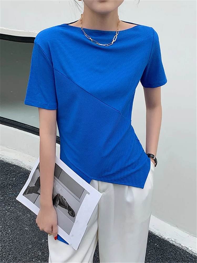 

Летние Необычные вязаные женские футболки с коротким рукавом и воротником-лодочкой, корейские повседневные рубашки, шикарные женские топы,...