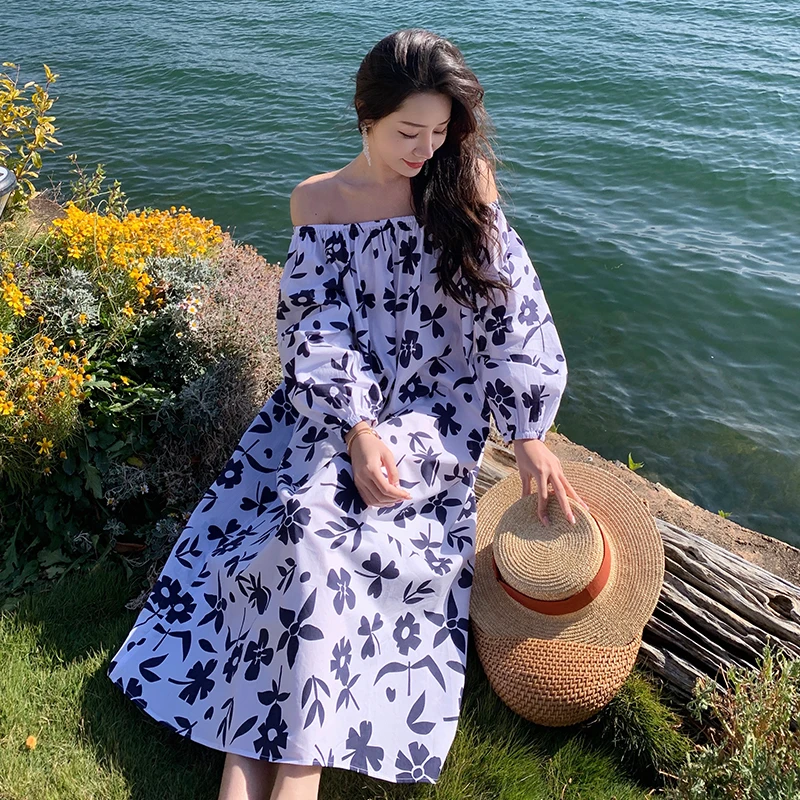 

Summer Women's Party Dresses Long Sleeves Floral Printing Vacation Beach Style Elegant Loose High Waist A-LINE Female Clothing