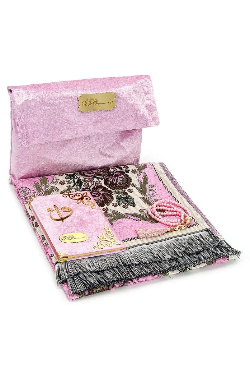 

IQRAH Kadife Marsupials Luxury Prayer Rug Set-Pink Color