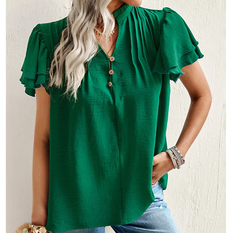 

Women's Short Sleeve Shirt Female 2023 Summer Temperament Elegant Ruffled Top Camisas De Mujer