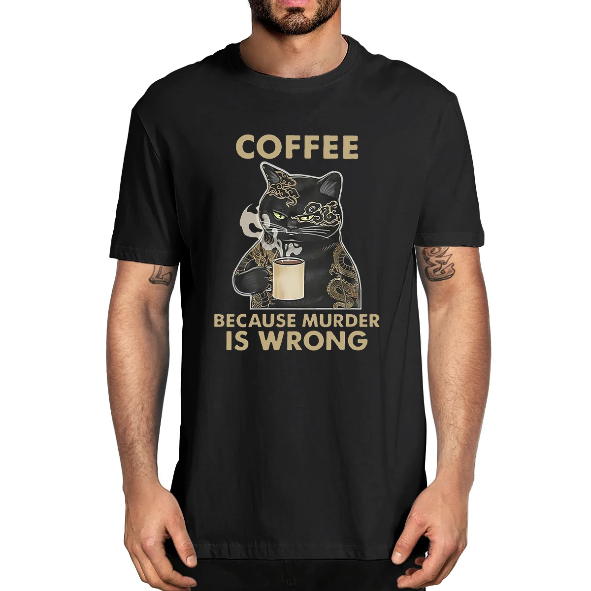 

100% Cotton Black Cat Coffee Because Murder Is Wrong Vintage Funny Summer Men's Novelty T-Shirt Women Casual Streetwear Soft Tee