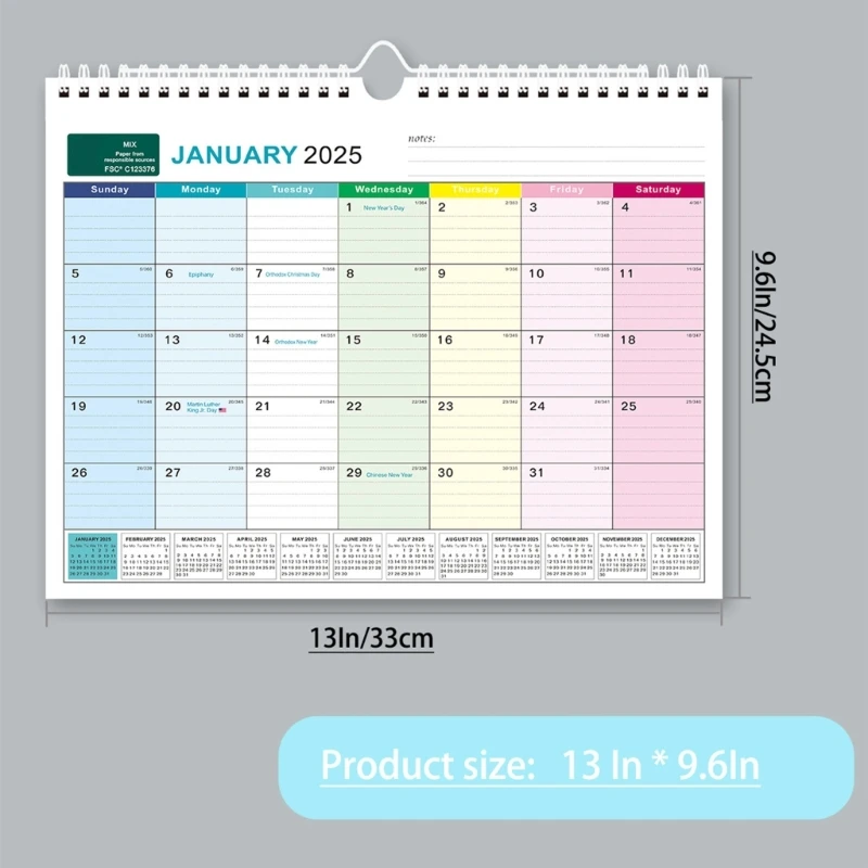 Подвесной календарь A9LC Настенный на 2025 год Еженедельный планировщик Английское