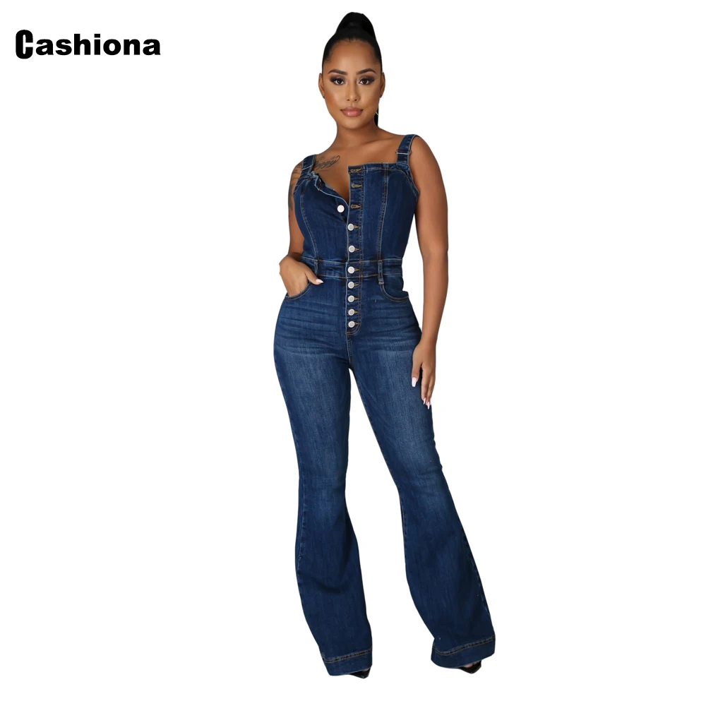 Cashiona Women Fashion Jeans Demin Jumpsuit Sexy Flare Pants Women's Dark Blue Denim Bodysuits 2022 Single-Breasted Overalls