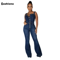 cashiona women fashion jeans demin jumpsuit sexy flare pants womens dark blue denim bodysuits 2022 single breasted overalls