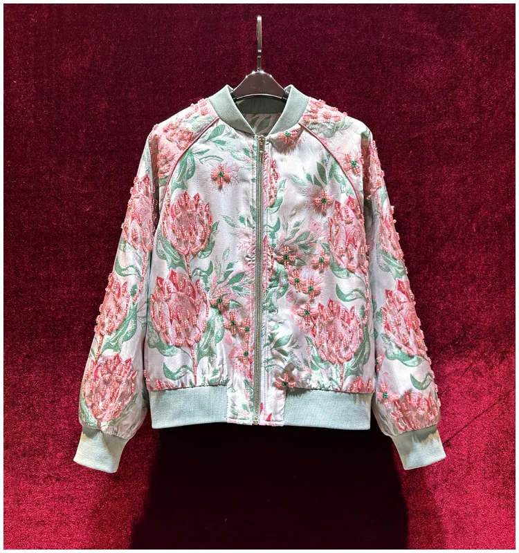 Женская зимняя куртка 2024 года в Европе и США розовая жаккардовая модная на молнии