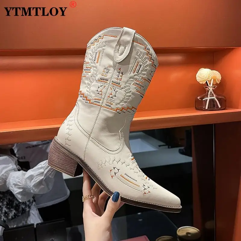 Новые брендовые ковбойские сапоги с вышивкой в западном стиле для женщин высокие