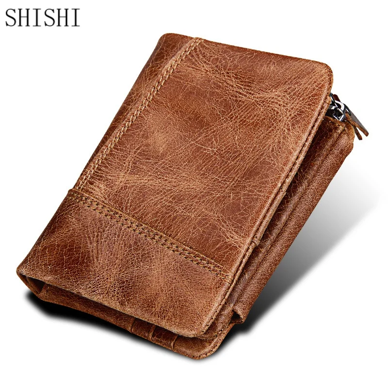 RFID Anti-Theft Brush Genuine Leather Men Wallets Vintage Business Wallet Zipper Coin Pocket Casual Purse Wallet For Male
