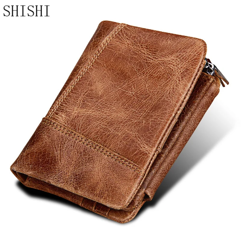 

RFID Anti-Theft Brush Genuine Leather Men Wallets Vintage Business Wallet Zipper Coin Pocket Casual Purse Wallet For Male