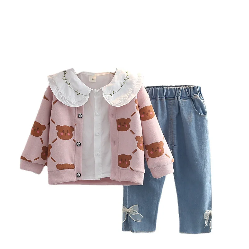 2022 Spring Autumn 3PCS Girls Clothing Set Cartoon Bear Sweater Coat Long Sleeve Shirt Washed Jeans Pants Baby Clothes |