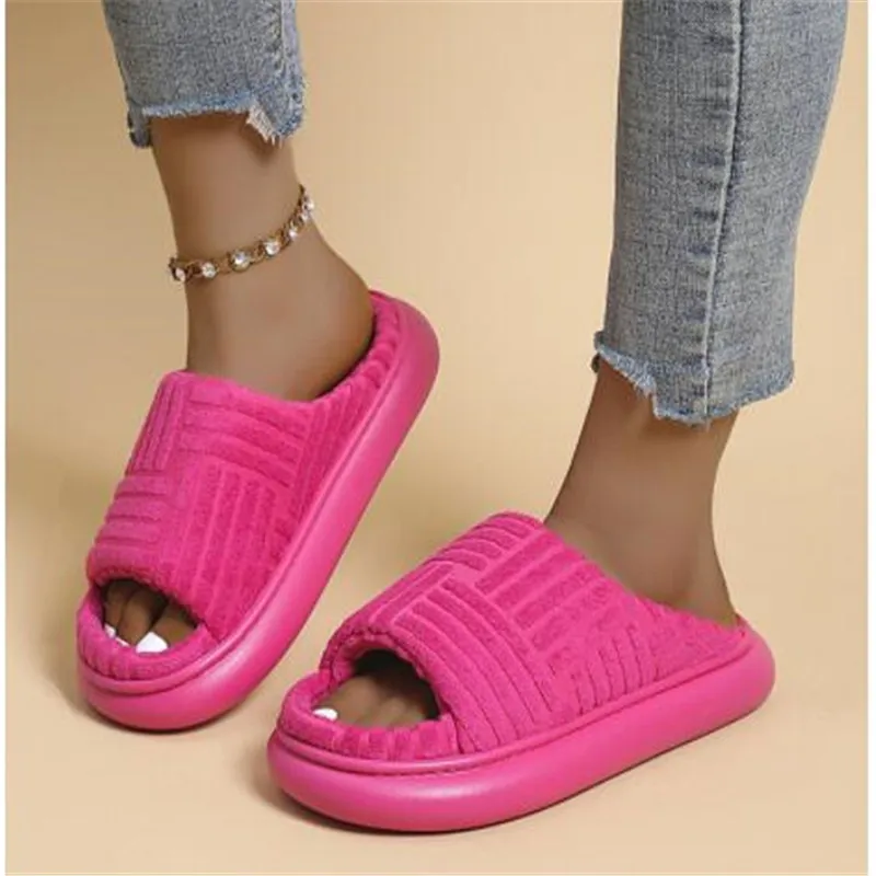 

2023 Women New Luxury One-word Thick-soled Warm Furry Women's Shoes Embossed Cotton Drag Outdoor All-match Casual Slippers Shoes