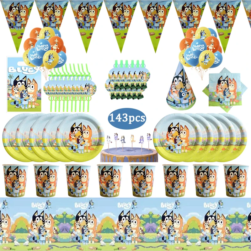 

143Pcs Kawaii Dog Theme Kids Birthday Party Decorations Disposable Tableware Cup Plate Baby Shower Blue Party Decor Supplies