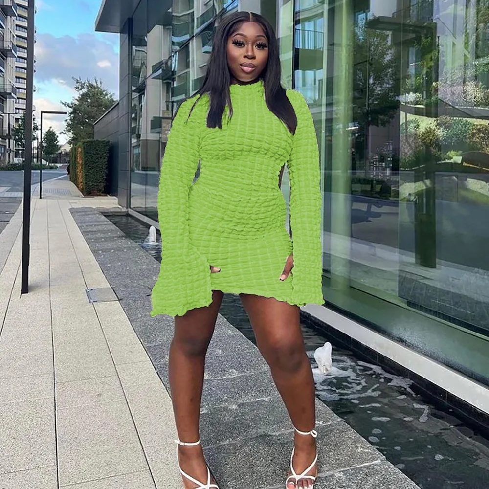 

Sexy Seersucker Long Sleeve Turtleneck Bodycon Mini Dress for Women 2022 Autumn Chic Ins Dresses