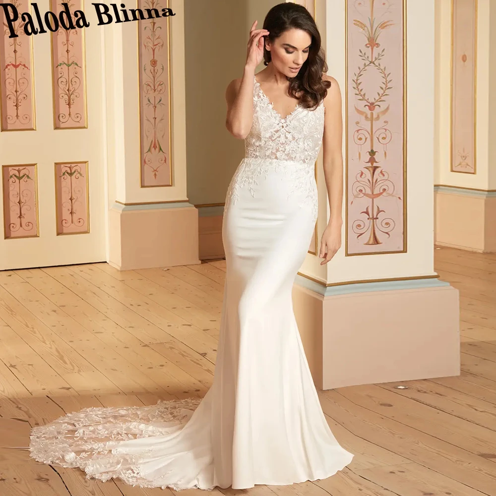

Paloda Vintage Mermaid V-Neck Wedding Dresses For Women Satin Appliques Tank Sleeveless Button Court Train Vestido De Noiva 2023