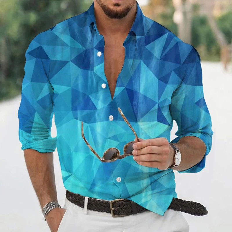 

Men's Polyester Long Sleeve Shirt Geometry Print Casual Male Top Turn-down Collar Buttoned Shirts Clothes Blouse Clothing Men