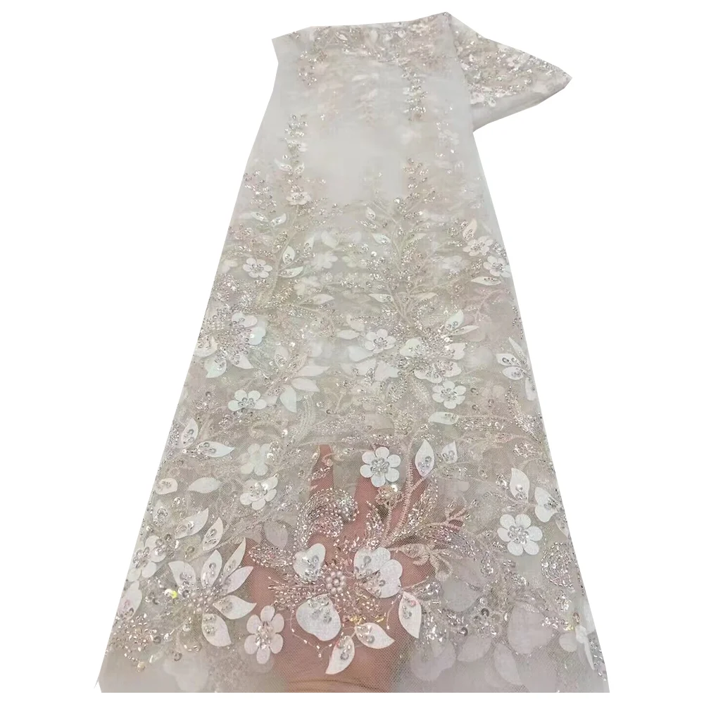 Элегантная Кружевная Ткань С 3d Цветочной Вышивкой И Бусинами. Последняя Модель