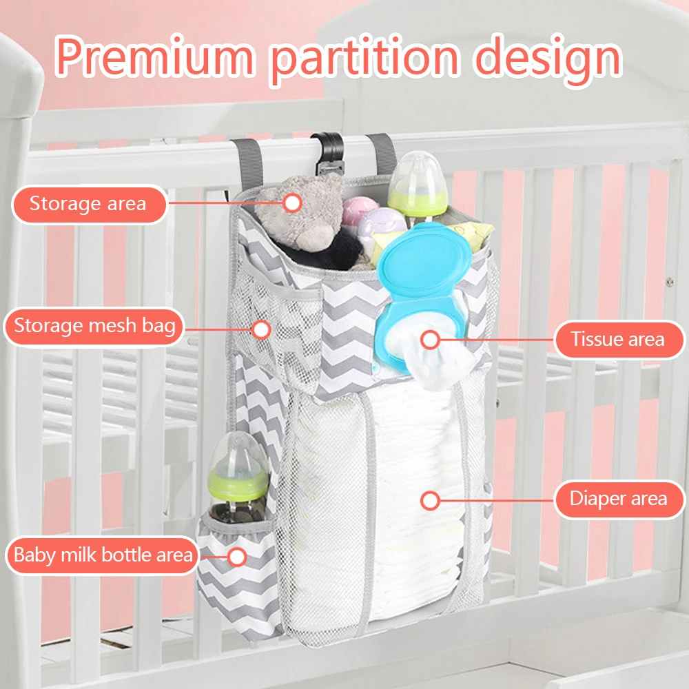 

L Baby Crib Cot Bed Bedside Hanging Storage Bag Large Capacity Diaper Nappy Clothes Organizer with Off-white Stripes Baby