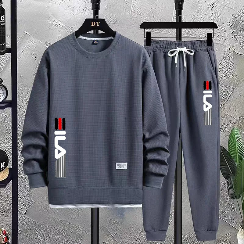 

2023 Waffle New Product Long sleeved Set for Men's Fake Two Handsome Spring and Autumn Trendy Brands for Men's Printed Leisure S