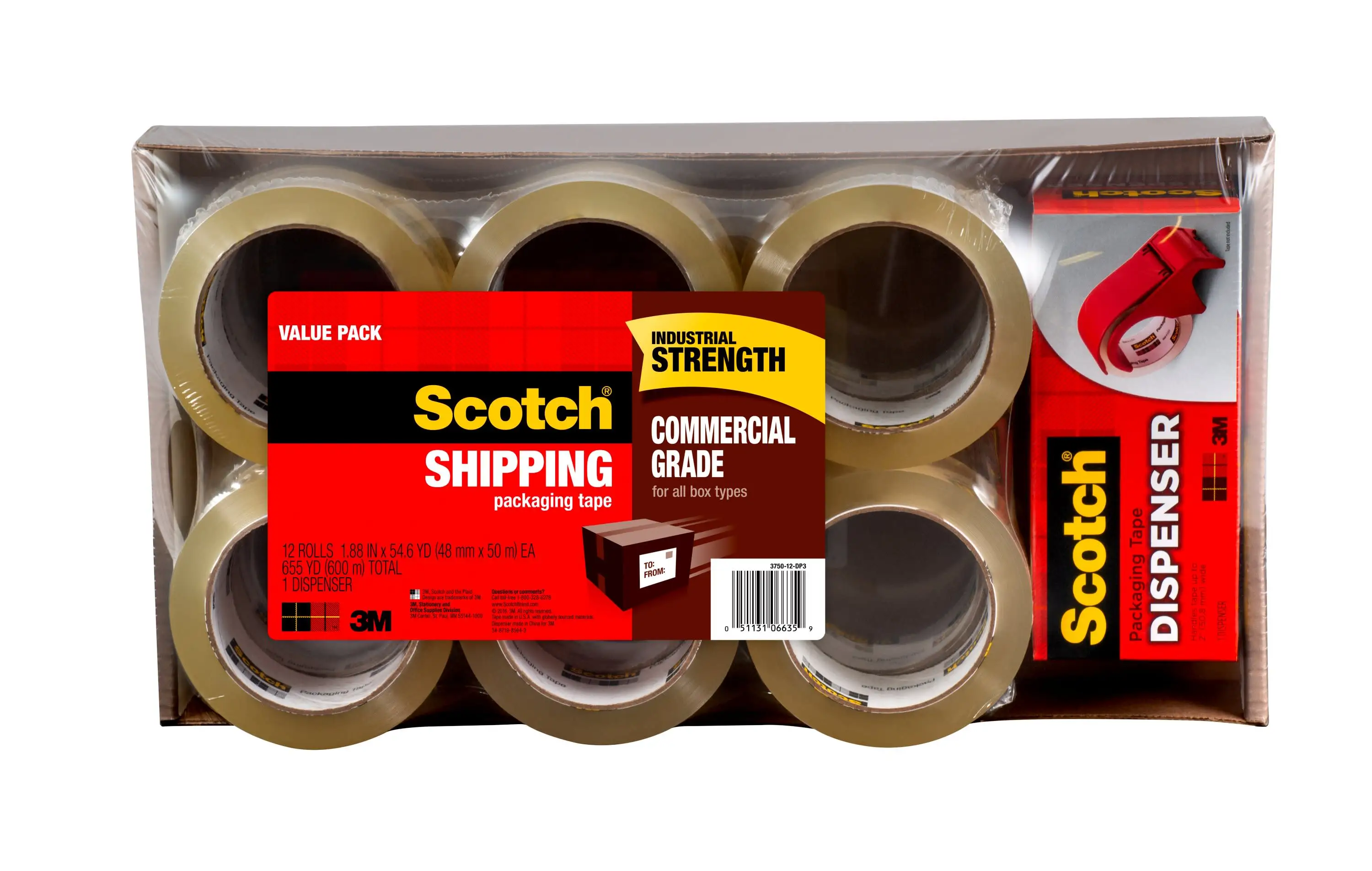 

Commercial Packaging Tape, Clear, 1.88" 54.6 yd, 12 Rolls