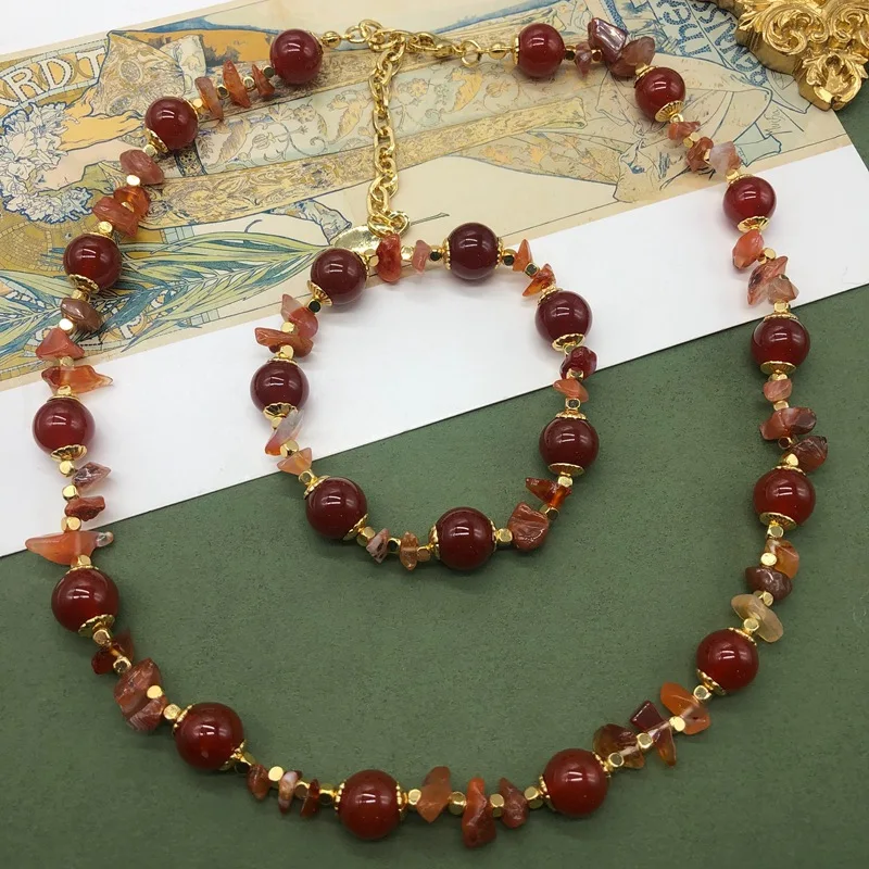 

Vintage New Red Gravel Gold Plated Elegant Necklace and Bracelet