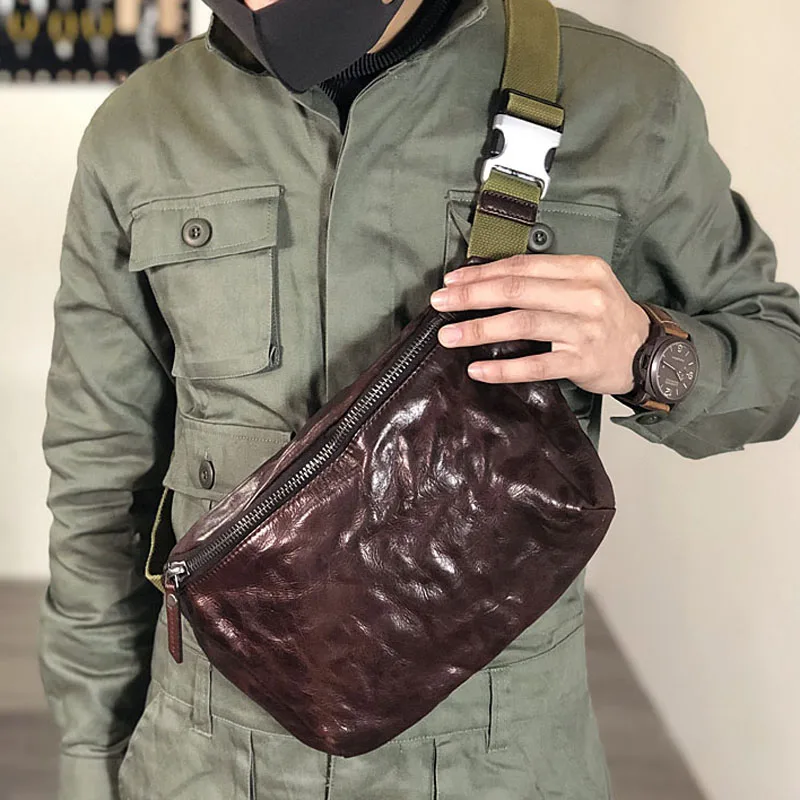 AETOO  Handmade retro pleated head layer cowhide men's chest bag multi-functional leather Fanny pack mobile phone crossbody bag
