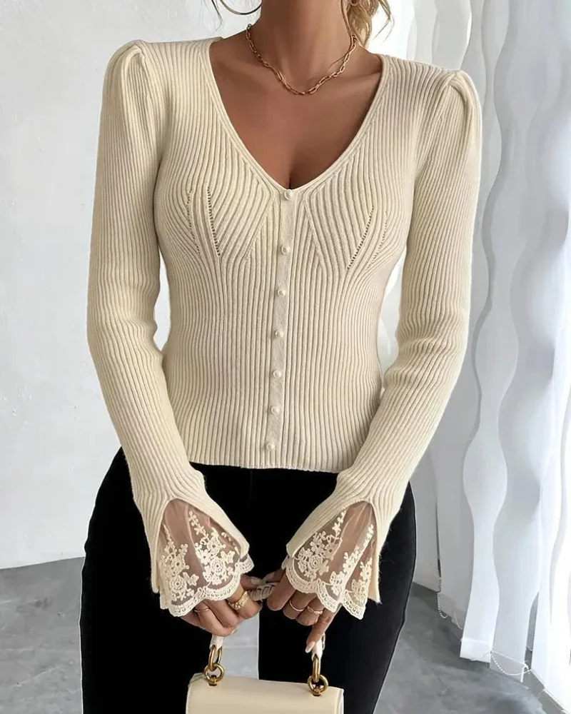Фото Вязаный топ Pull Dentelle, женский вязаный женский кружевной элегантный свитер с v-образным вырезом, модная универсальная облегающая однотонная зимняя одежда №5