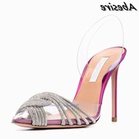 abesire pink clear pvc sandals women back strap pointy toe pumps champagne shoes for women slingback cut out pink bling pumps