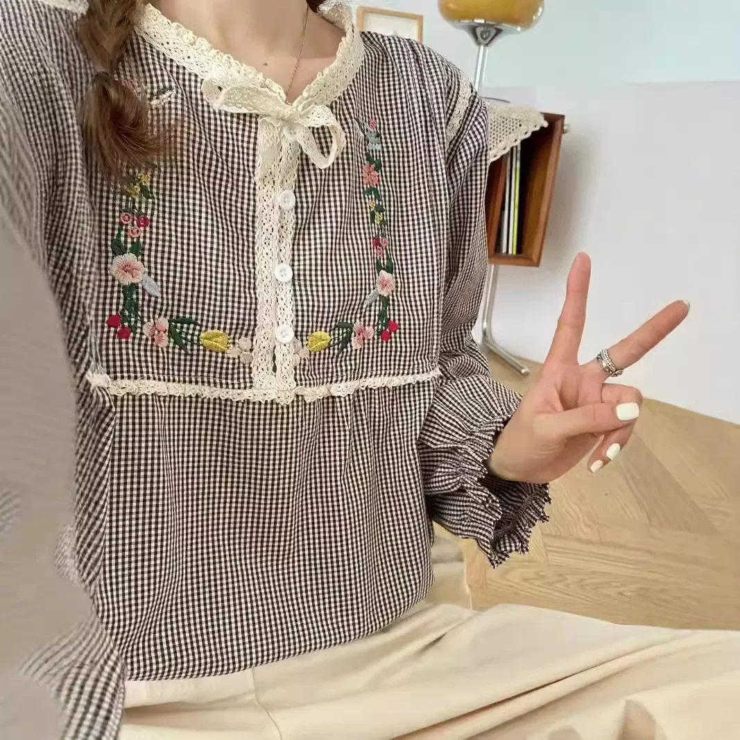 Новинка осени 2024 женская рубашка из хлопка и льна с круглым вырезом