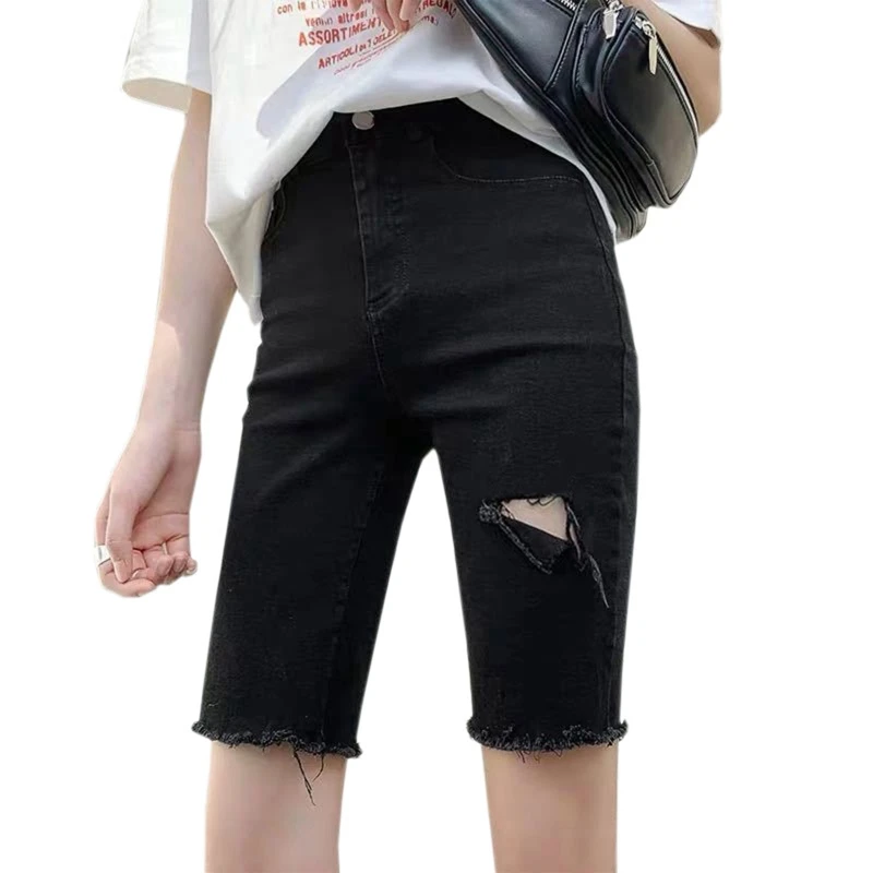 

Women High Waist Ripped Hole Denim Shorts Distressed Hem Knee Length Skinny Jean