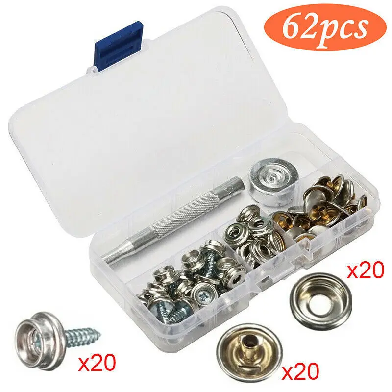 

62 Pieces Stainless Steel Marine Grade Canvas and Upholstery Boat Cover Snap Button Fastener Kit 15mm Screws Snaps With Tool