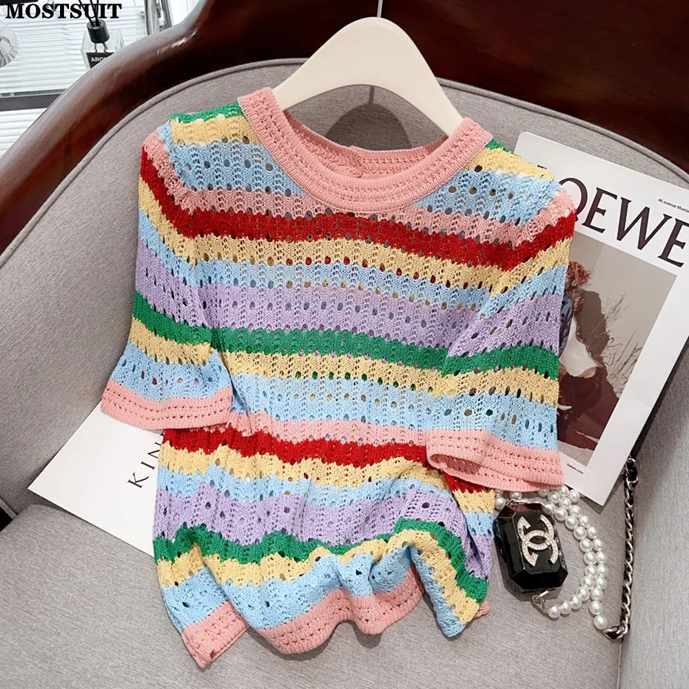 

Женская трикотажная футболка в полоску, свободный свитер в полоску радужной расцветки с коротким рукавом, модель 2023 в Корейском стиле на лето