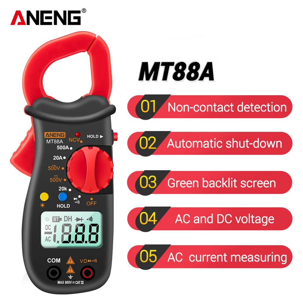 

ANENG MT88A DC/AC Voltage AC Digital Clamp Meter Multimeter Current Tester Frequency Capacitance NCV Test