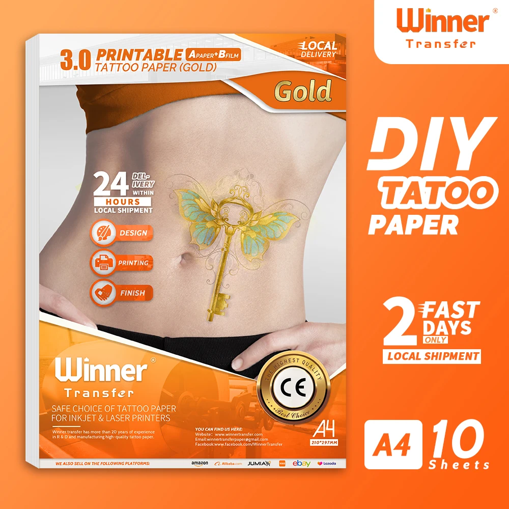 WinnerTransfer Printable Personalized DIY Tattoo Transfer Paper Temporary Tattoos for Gold Image for Inkjet or Laser Printer A4