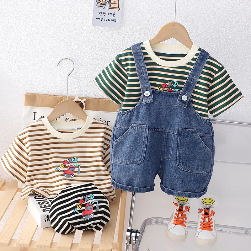 

Комплект из двух предметов для мальчиков, повседневные джинсовые подтяжки с круглым вырезом и короткими рукавами + джинсы, детская одежда, лето 2023