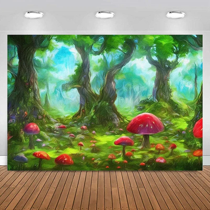 

Fantasy Forest Photography Backdrop Watercolor Jungle Red Mushrooms Background Birthday Baby Shower Party Decoration Banner Kids