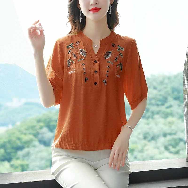 

2023 New Arrival Summer Women Loose Fit Casual V-neck Short Sleeve Blouse Arts Style Embroidery Cotton Linen Shirts V434