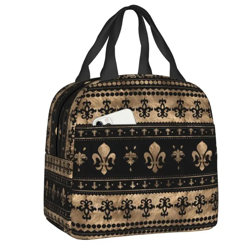 

Роскошная черная и Золотая изолированная сумка-тоут для ланча с цветком лилии, многоразовый охладитель, термоконтейнер для еды для детей