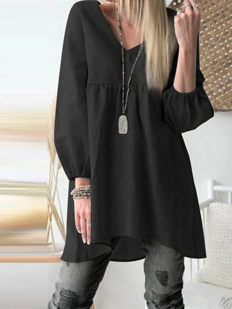 

2023 Autumn Cotton Linen Women's Top Black V-neck Long Lantern Sleeve Casual Blouse Female Trendy Fashion Clothes Ladies Tops