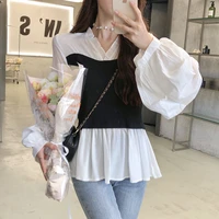 women blouse 2022 spring autumn fake two pieces v neck pleated niche top knitted stitching patchwork shirt loose blusa mujer