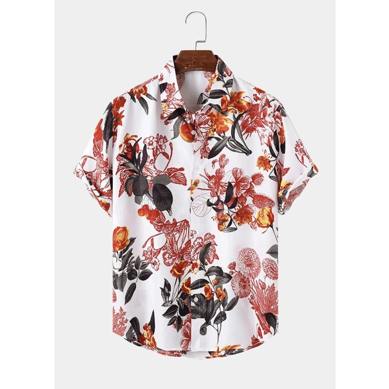 Summer Hawaiian Shirt Top Men Loose Striped Plaid Print Shirt Men Short Sleeve Single-Breasted Turn-down Collar Irregular Shirt