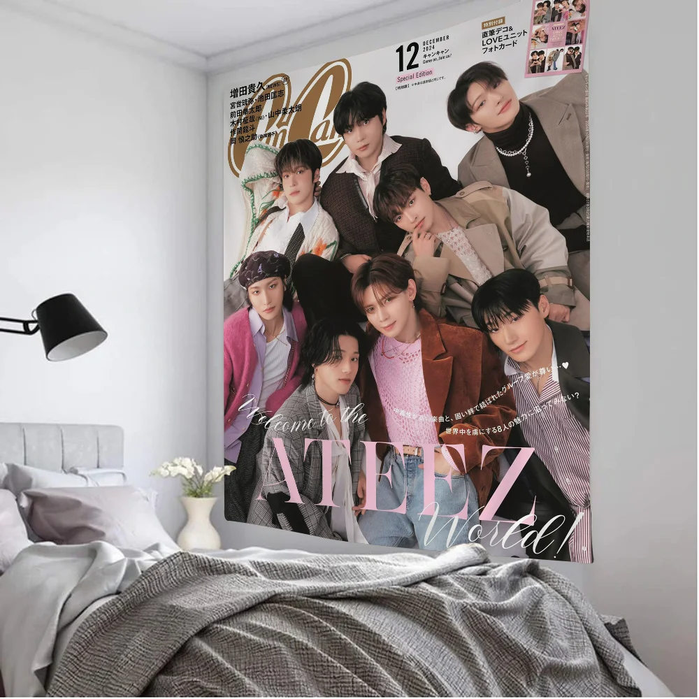 K-pop Ateez Anime Tapestry Hippie Flower Wall Carpets Dorm Decor Cheap Hanging