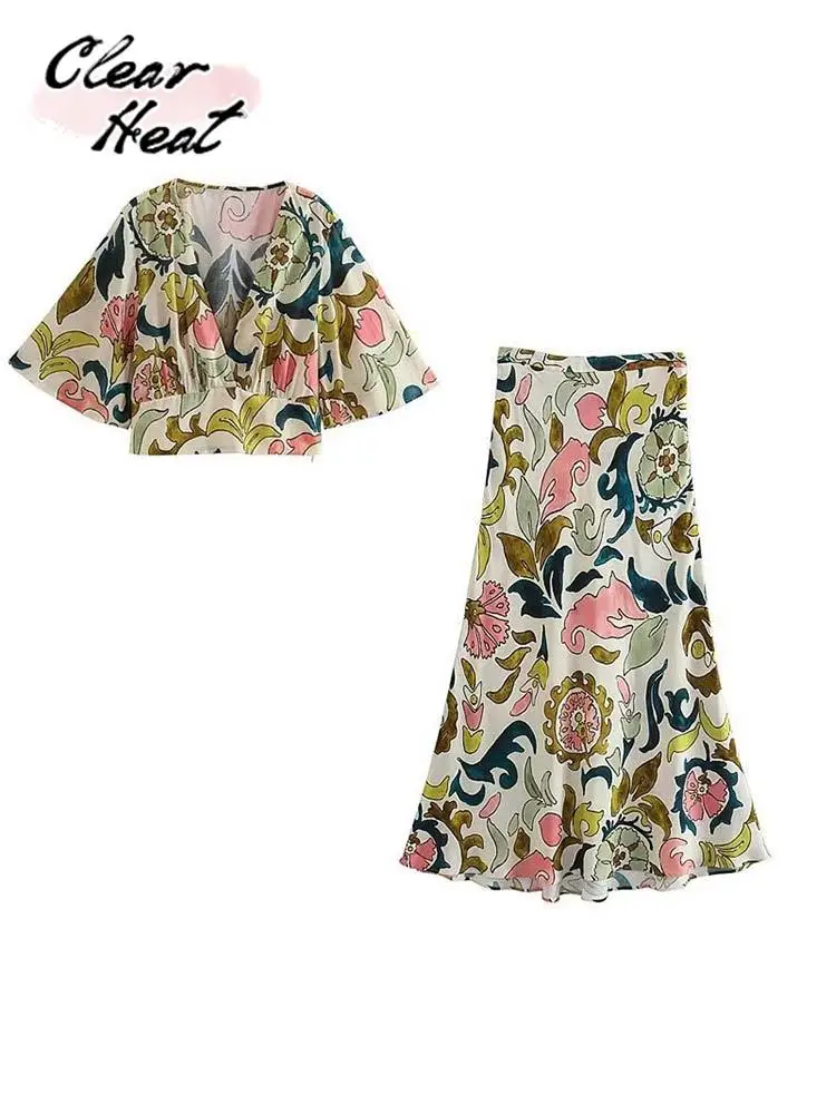

Floral Print Causal Two Piece Sets For Women Fashion Short Sleeve V Enck Long Skirt Suits Female Elegant Streetwear Outfits 2023