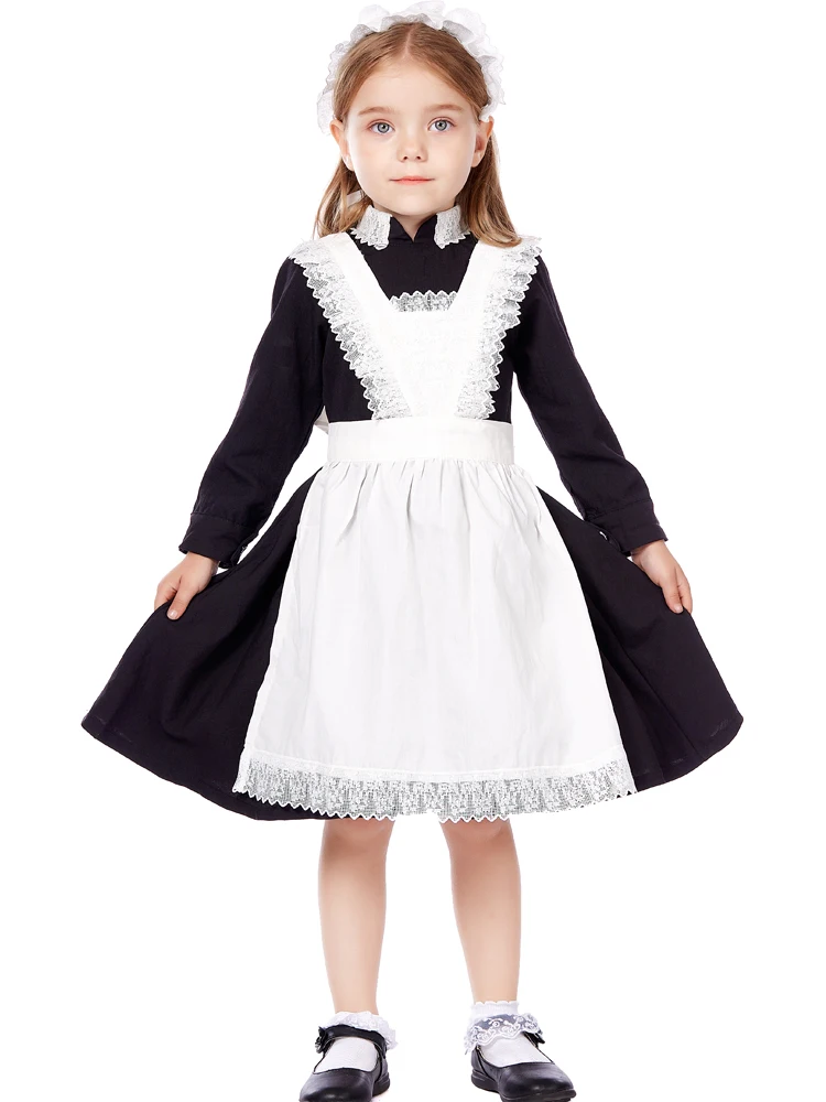 

Girl French Maid Fancy Dresses Black and White Cotton Child Carnival Party Halloween Cosplay Costume Stage Peformence Outfit Set