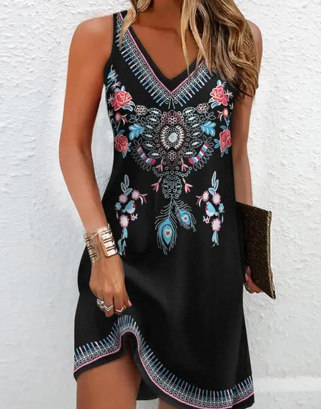 

Women's Sexy Dresses 2023 Summer Vacation Vintage Floral Tribal Print V Neck Casual Dress Tank Top Sleeveless Loose Shift Dress