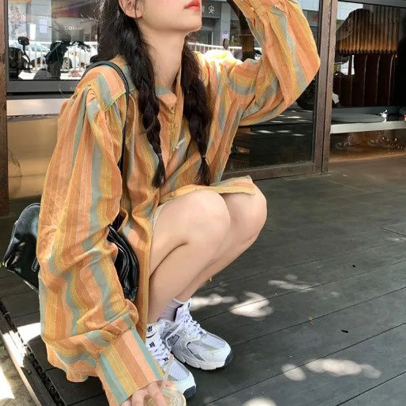 

Women Clothing Korean Striped Multicolor Stand Collar Long Sleeve Blouse Autumn Vintage Buttons Loose Shirts Femme Office Lady