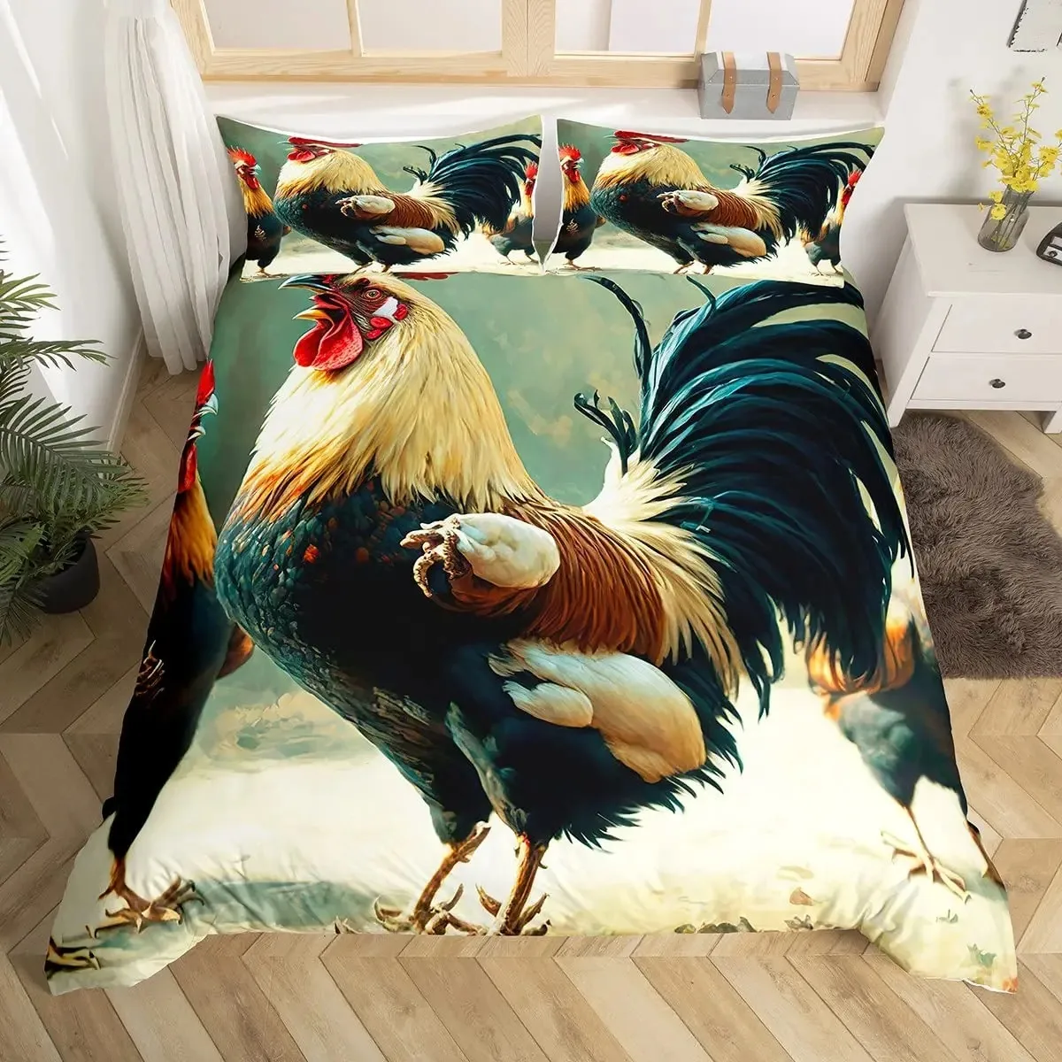 Cute Chicken Duvet Cover King Queen Colorful Rooster Bedding Set Farm Animal Comforter Funny Rustic Farmhouse Quilt